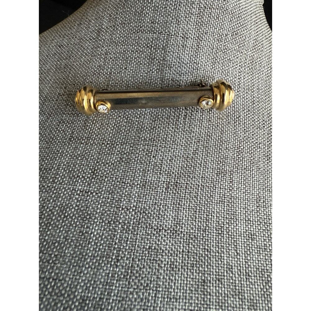 Jesera Bar Pin Brooch Vintage Silver Gold Tone Faux Pearl Crystal Classic 90s